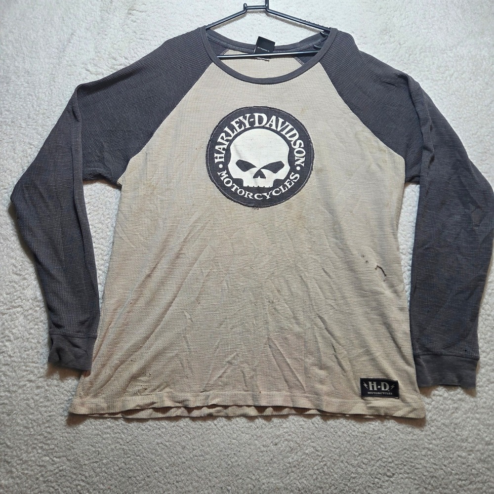 Harley-Davidson Waffle Knit Raglan Mens XL Tan Gray Skull Graphic Biker Thermal